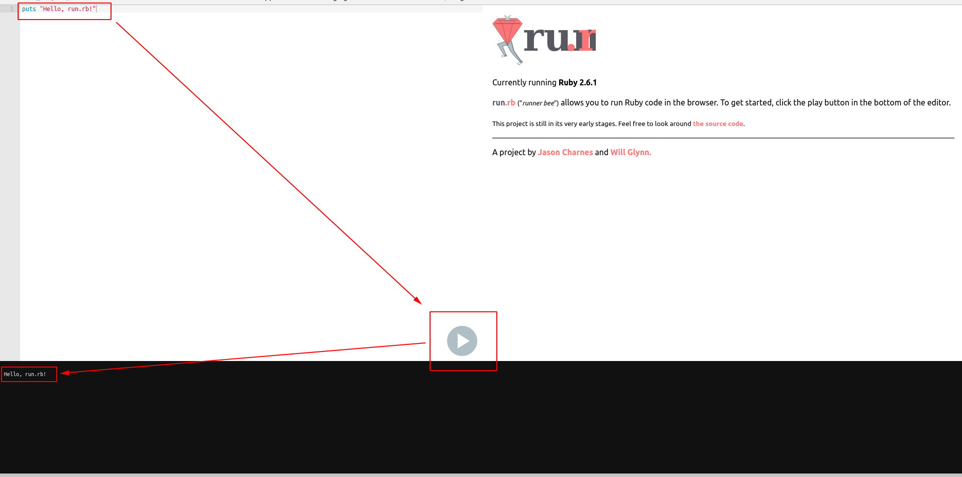 Print do site runrb.io destacando onde se escreve código, com uma seta
apontando para o botão central que executa o código escrito, com mais uma seta
apontando para a tela preta que exibe os
resultados
